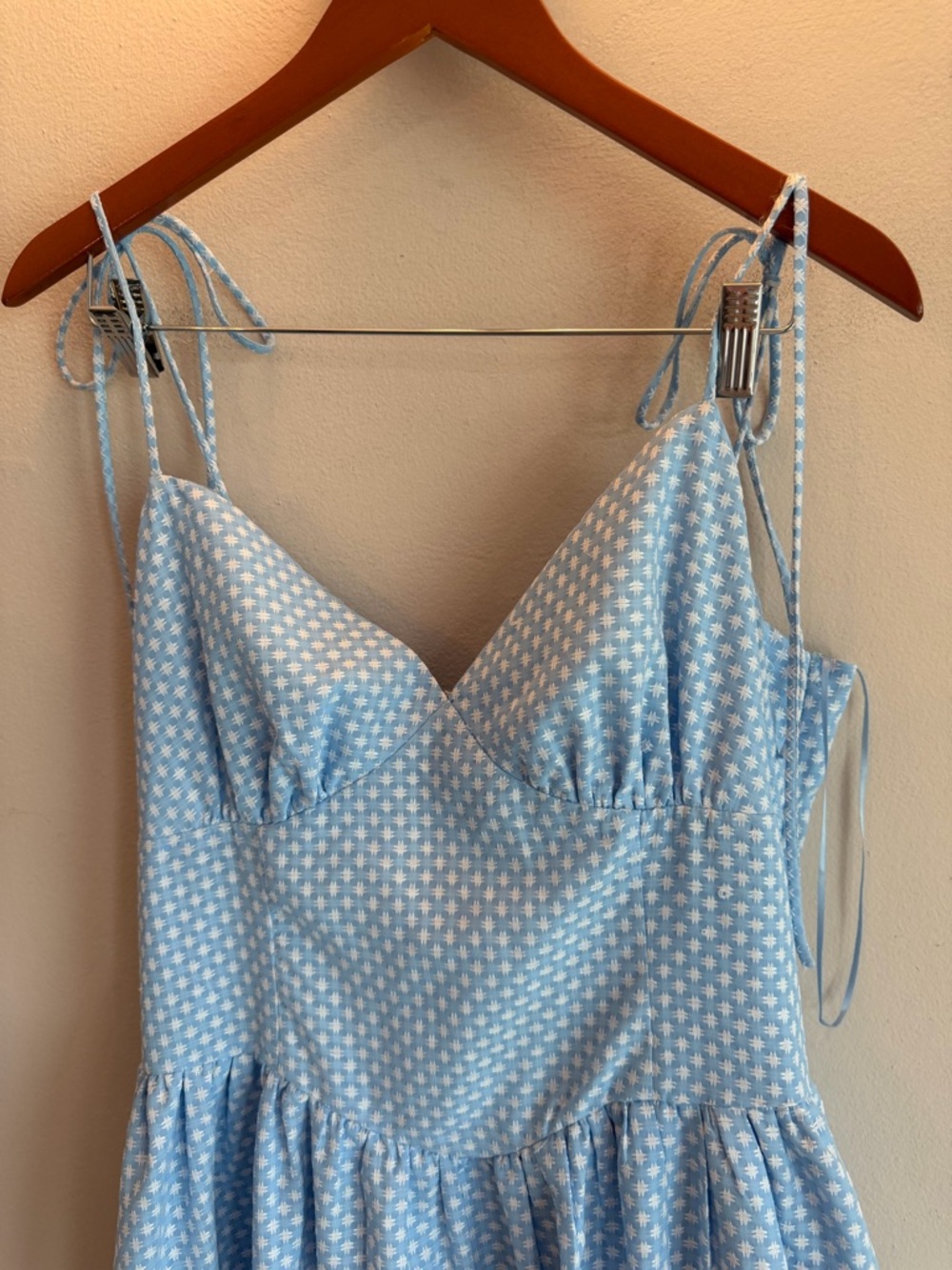 Lena Light Blue White Geometric Print Tie Strap Midi Dress XL Womens - Picture 2 of 6
